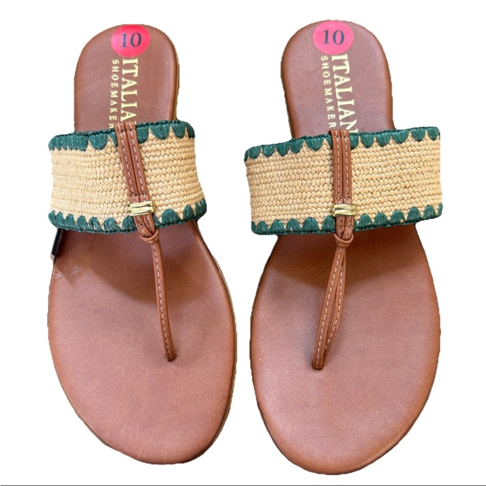 🆕 Italian Shoemakers Green and Tan Thong Sandals Raffia Accents Summer/Casual - Picture 2 of 8